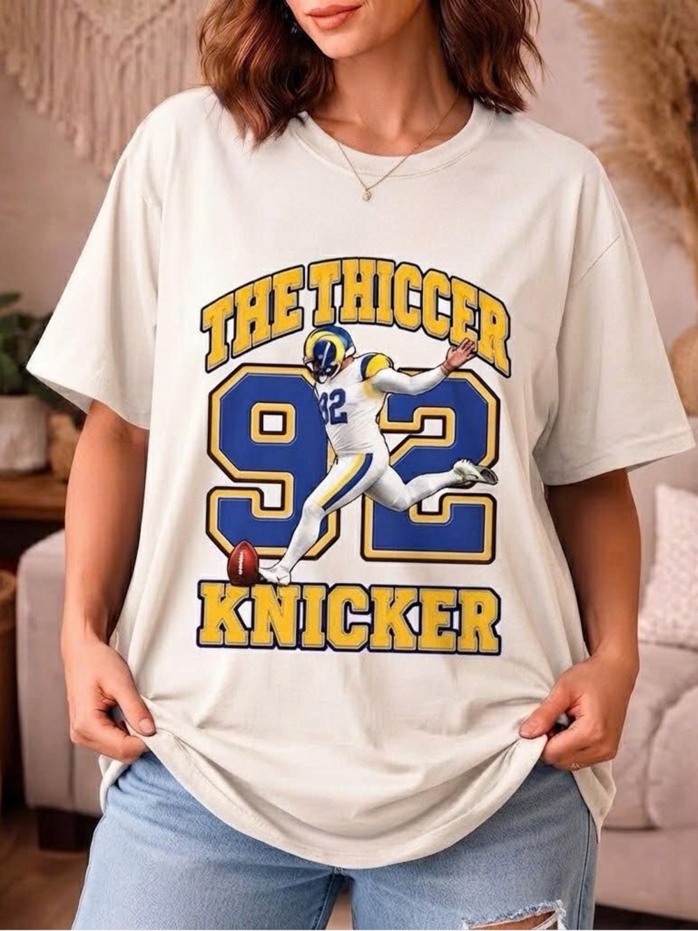 Vintage Cream Tee with Yellow & Blue Football Graphic and Number 92